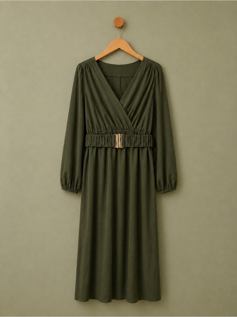 Olive Green Belted Maxi Dress | L